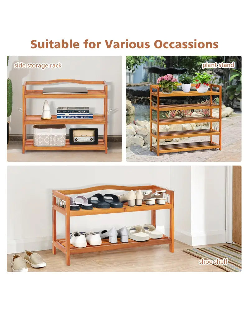 2-Tier Acacia Wood Shoe Rack with 4 Side Metal Hooks - Natural - Shoe Racks & Storage Benches