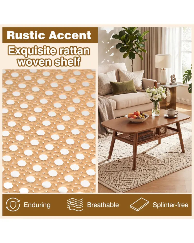 2-Tier Boho Rattan Coffee Table with Rounded Corners-Walnut - Walnut - Coffee Tables