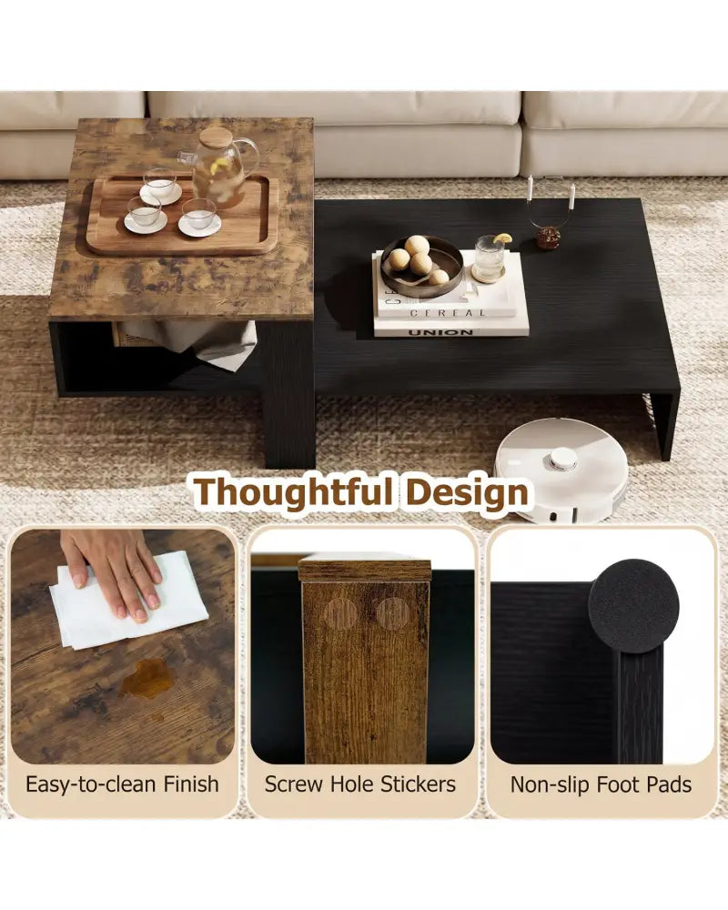 2-Tier Coffee Table Modern Irregular Center Table with Open Storage Shelf-Black & Brown - Coffee Tables