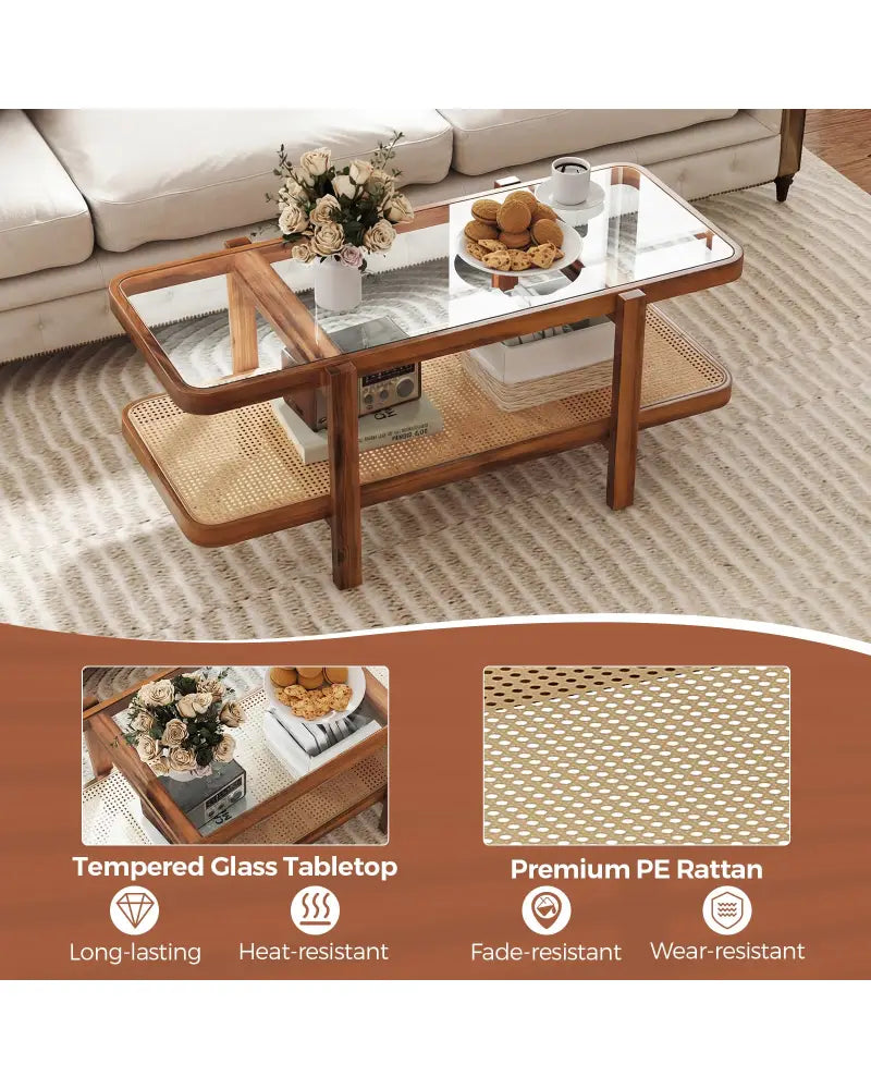 2-Tier Coffee Table with Storage and Tempered Glass Tabletop-Coffee - Coffee - Coffee Tables