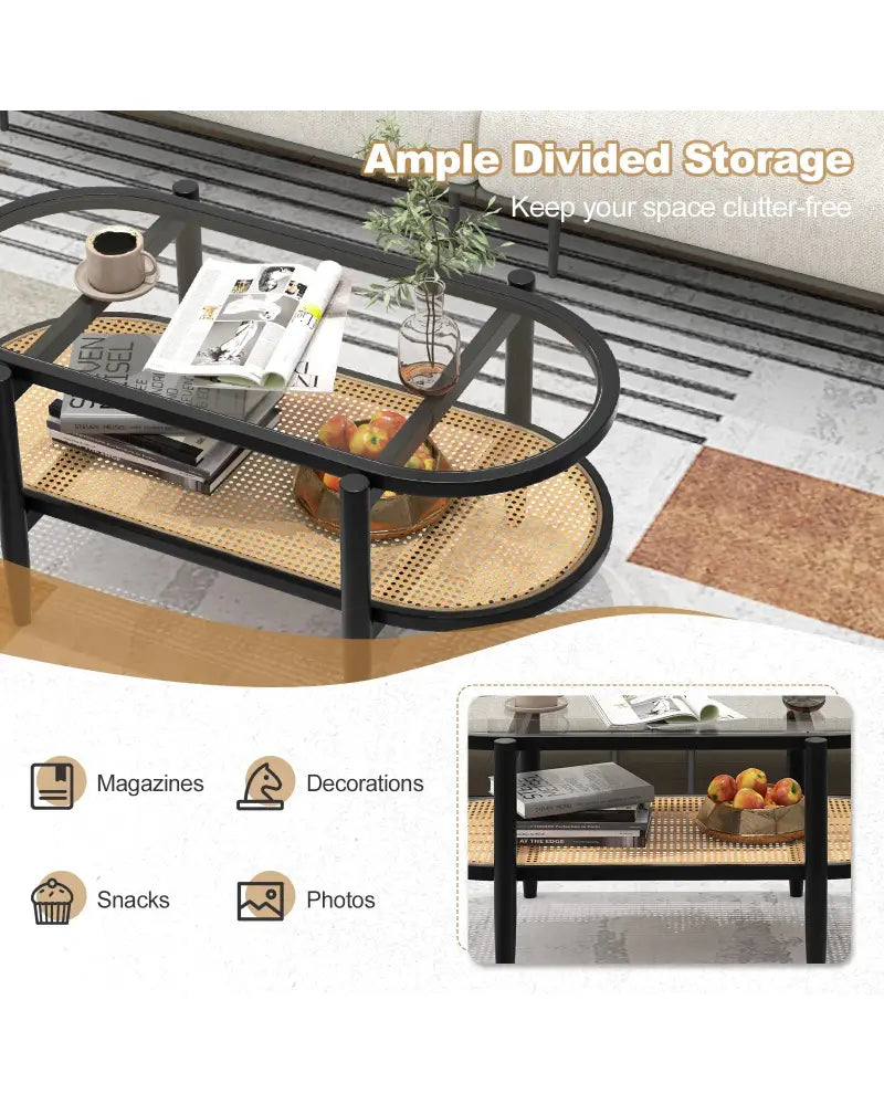 2-Tier Coffee Table with Tempered Glass Tabletop and Acacia Wood Frame-Black - Black - Coffee Tables