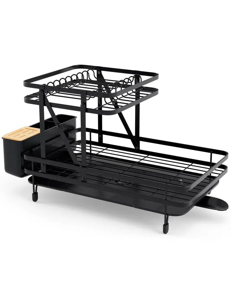 2-Tier Collapsible Dish Rack with Removable Drip Tray-Black - Black - Dish Racks