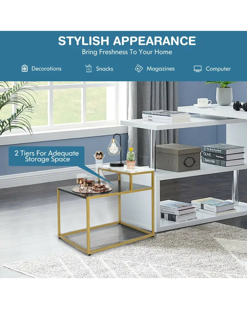 2 Tier End Side Table with Metal Frame and Storage Shelf for Living Room-White - White - End & Side Tables