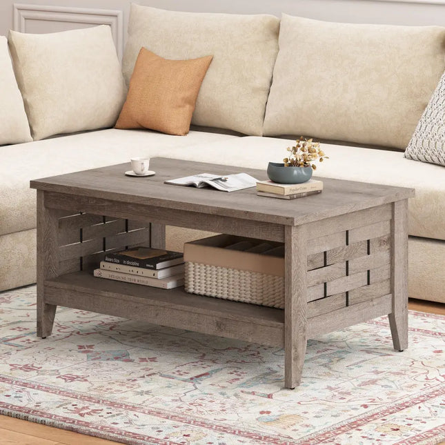 2-Tier Farmhouse Coffee Table with Open Shelf and Woven Decorations for Living Room-Oak Costway