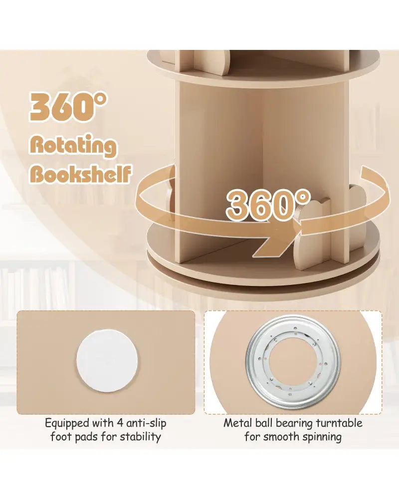 2 Tier Freestanding Kids Rotating Bookshelf Storage Rack with Bear Baffles-Natural - Coffee - Kids Storage