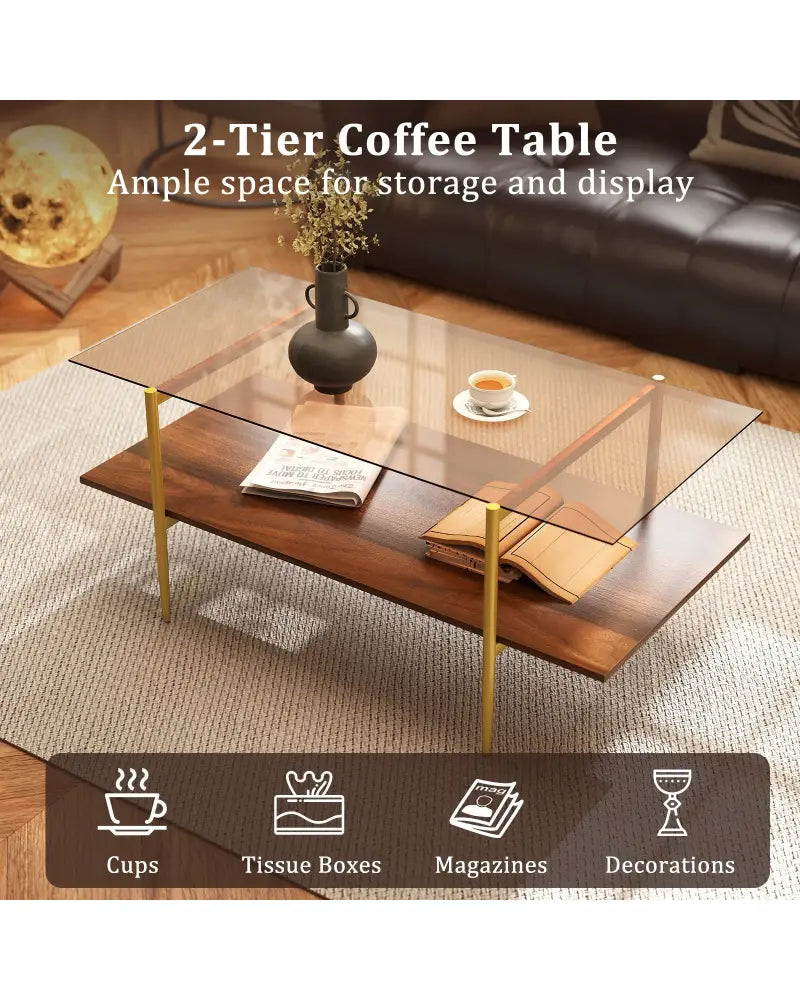 2-Tier Glass Coffee Table with Tampered Glass Tabletop and Open Storage Shelf-Brown - Brown - Coffee Tables