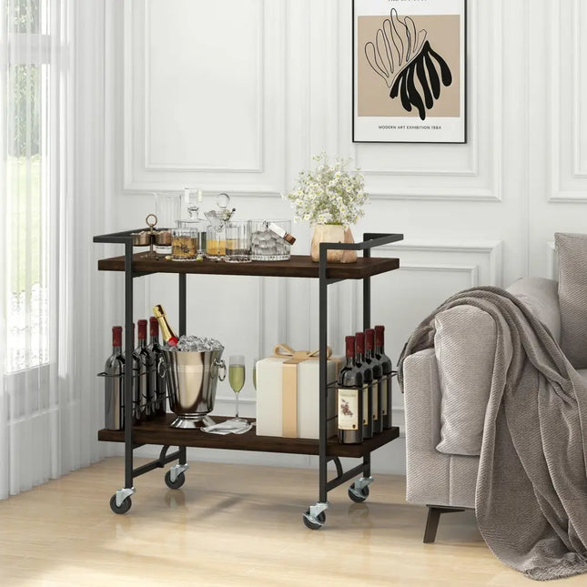 2-Tier Home Bar Cart with Lockable Wheels and Heavy-Duty Metal Frame-Rustic Brown Costway