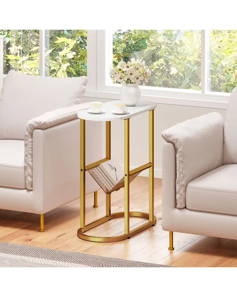 2-tier Industrial Oval Side Table with Mesh Shelf-White - White - End & Side Tables