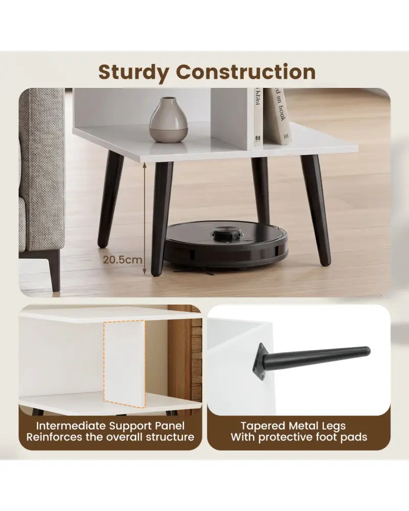 2-Tier Mid Century Modern End Table with 2 Compartments and Metal Legs-White - White - End & Side Tables