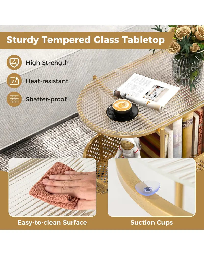 2-Tier Mobile Glass Coffee Table with Bear Pattern-Golden - Golden - End & Side Tables