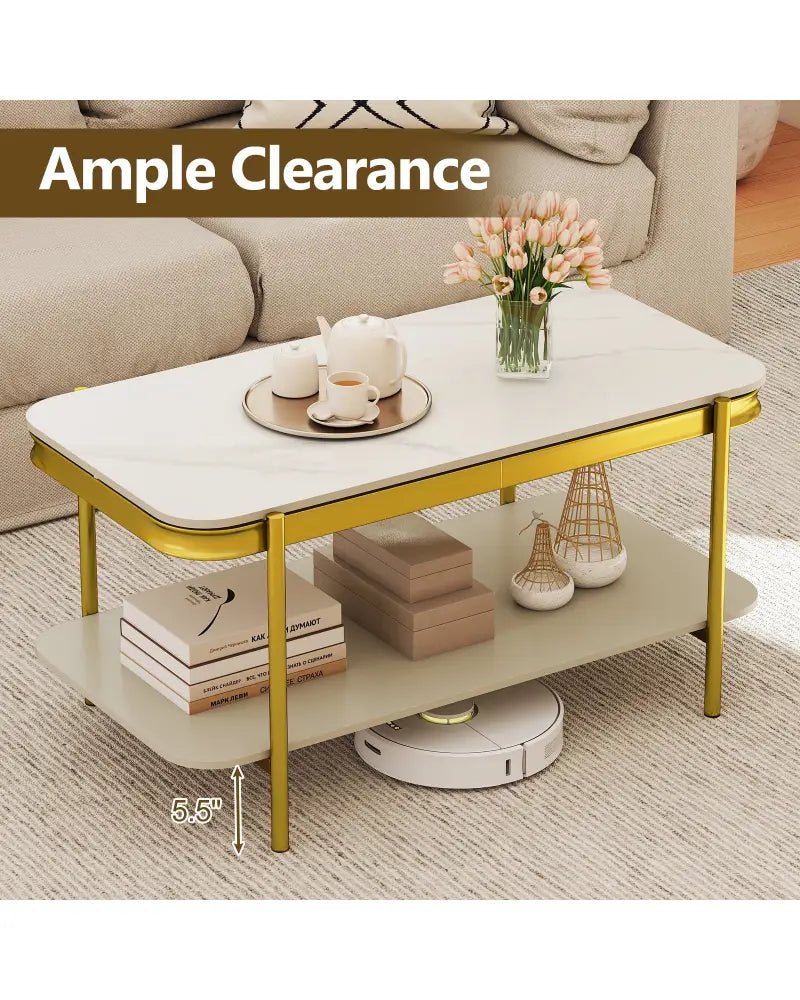 2-Tier Modern Rectangular Coffee Table with Sintered Stone Top-White - White - Coffee Tables