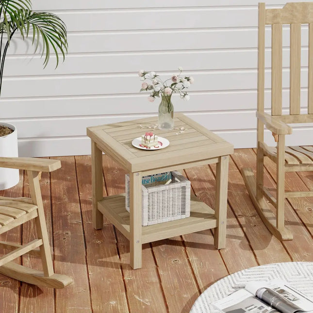 2-Tier Outdoor Side Table with Shelf for Porch Deck Garden - Natural - Patio Coffee Tables
