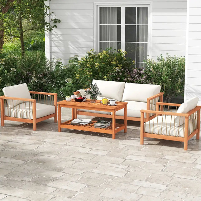 2-Tier Patio Coffee Table with Slatted Tabletop and Shelf - Natural - Patio Coffee Tables