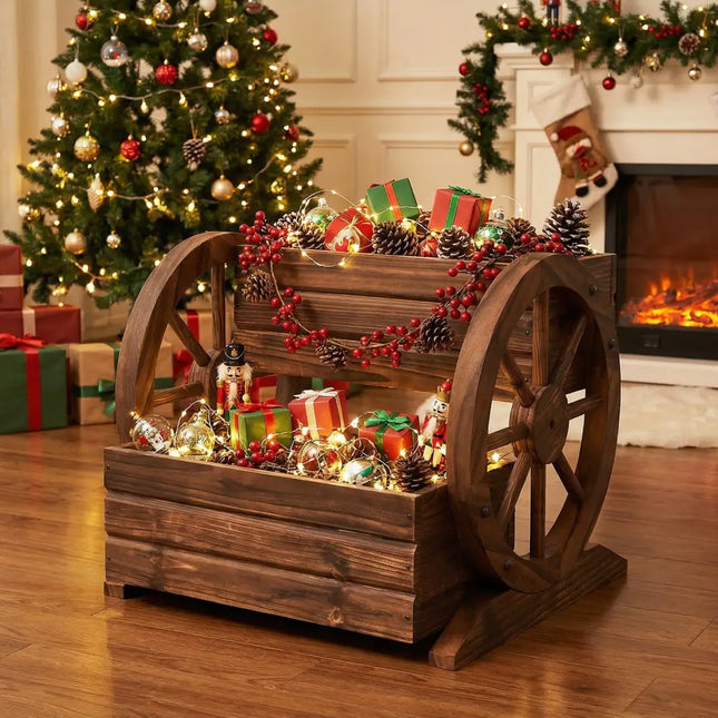 2-Tier Raised Garden Bed Rustic Wood Wagon Shape with Drainage Holes and Wheels-Coffee - Coffee - Raised Garden Beds