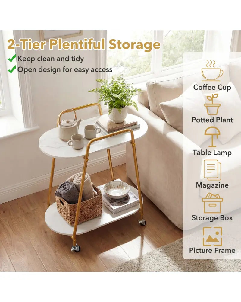 2-Tier Rolling End Table with Faux Marble Surfaces for Small Spaces-White - White - End & Side Tables