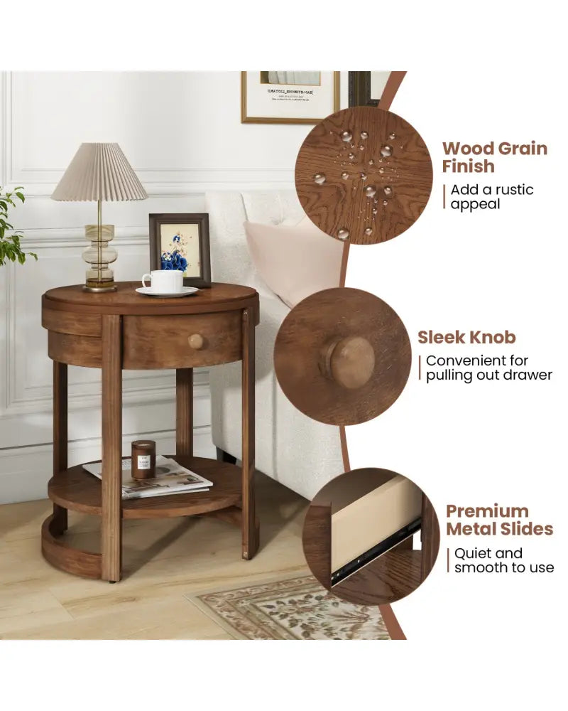2-Tier Round End Table Mid Century Modern Nightstand with Drawer and Shelf - Brown - End & Side Tables
