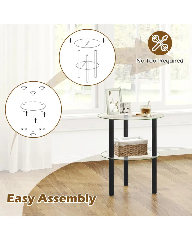 2-Tier Round End Table with Clear Tempered Glass Top and Shelf-Black - Black - End & Side Tables
