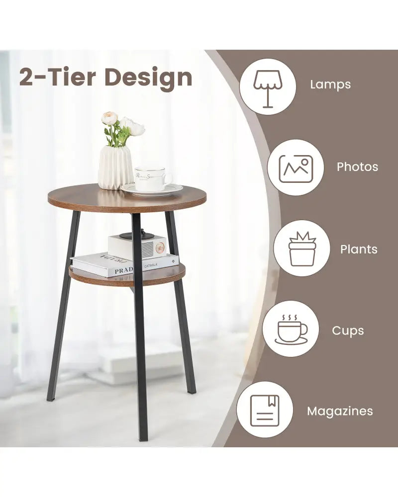 2-Tier Round End Table with Open Shelf and Triangular Metal Frame-Walnut - Walnut - End & Side Tables