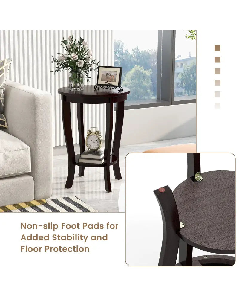 2-tier Round End Table with Solid Wood Legs-Espresso - Espresso - End & Side Tables
