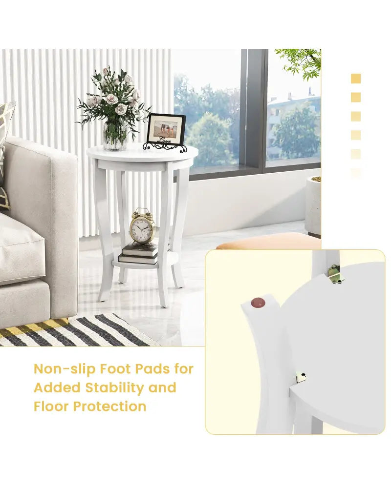 2-tier Round End Table with Solid Wood Legs-White - White - End & Side Tables
