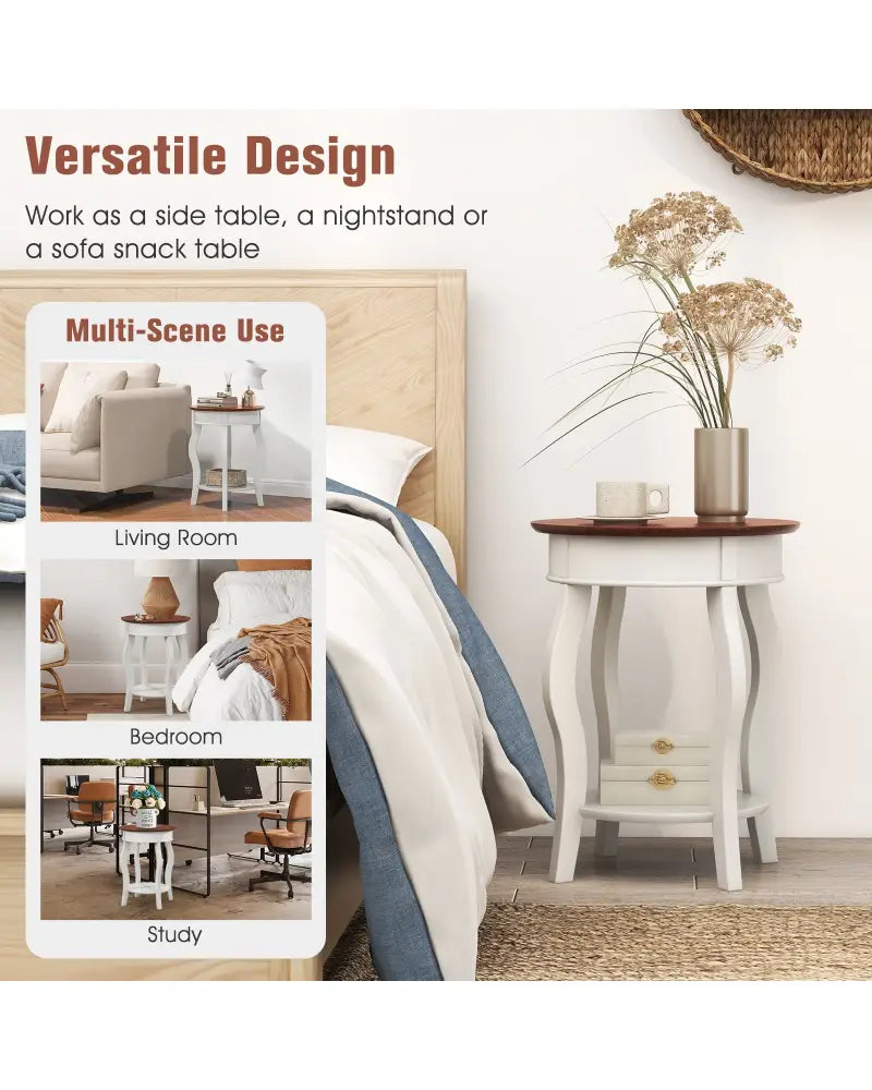 2-Tier Round End Table with Storage Shelf and Solid Rubber Wood Legs-Walnut & White - Walnut & Gray - End & Side Tables