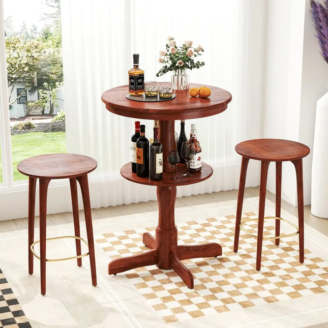 2-Tier Round High Top Bar Table with Storage Shelf and Pedestal Base-Espresso - Espresso - Patio Bar Furniture