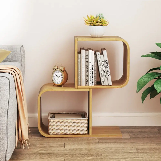 2-Tier S-Shaped Bamboo Bookcase with 2 Open Cubes for Living Room-Natural Costway