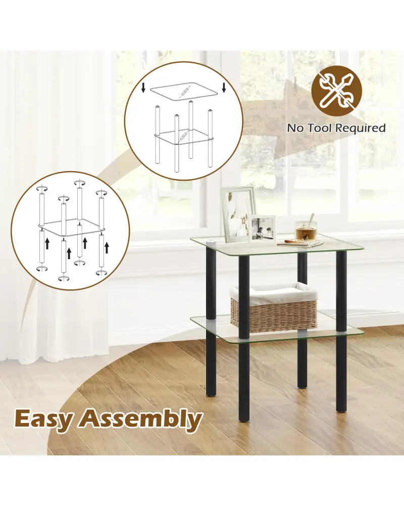 2-Tier Square End Table with Shelf and Clear Tempered Glass Top-Black - Black - End & Side Tables