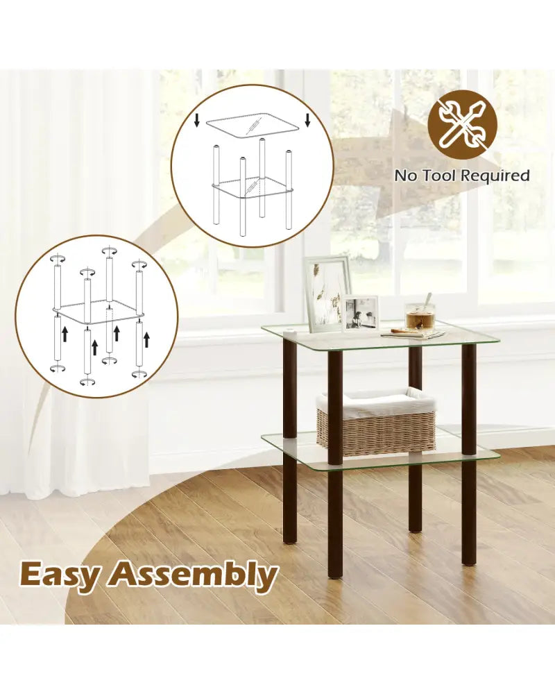 2-Tier Square End Table with Shelf and Clear Tempered Glass Top-Brown - Brown - End & Side Tables