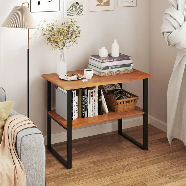 2-Tier Teak Wood End Table Sofa Side for Living Room Hallway Laundry Costway