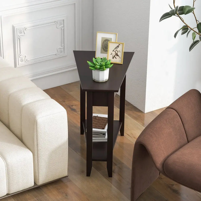 2-Tier Wedge Narrow End Table with Storage Shelf and Solid Wood Legs-Espresso Costway
