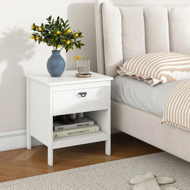 2-tier Wood Nightstand with Drawer and Open Storage Shelf for Bedroom-White Costway