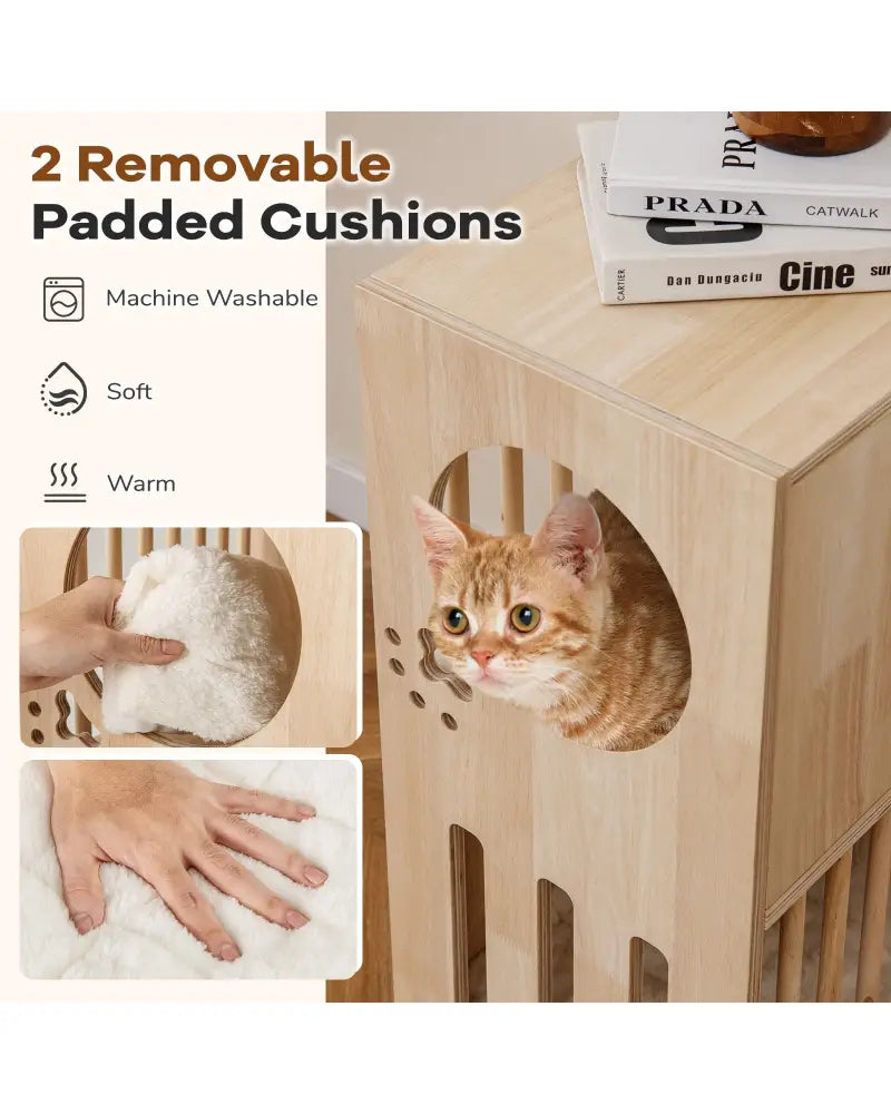 2-tier Wooden Cat Condo Indoor Symmetrical Cat House with Removable Cushions - Natural - Cat Houses