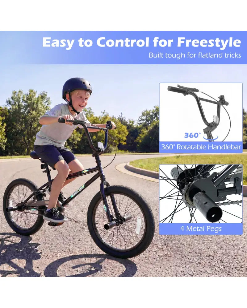 20 Inch Trick Bicycle with 360 Degree Steering and Adjustable Seat for Kids and Teens-Black - Black - Kids Bike