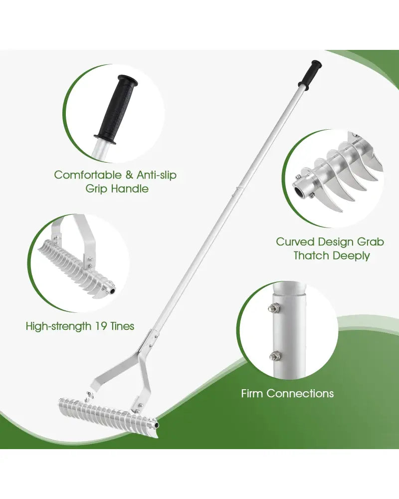 20 Inches Wide Aluminum Lawn Loosening Soil Rake with Long Handle and 19 Curved Tines - Lawn Care Tools