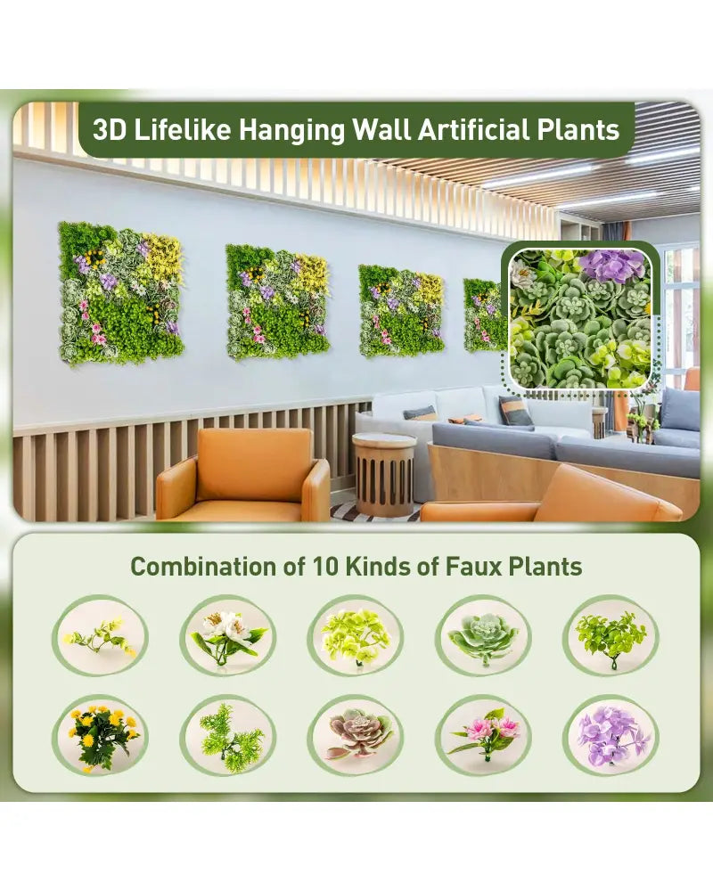 20’’ x 20’’ 3D Hanging Succulents with 10 Types of Mixed Faux Plants for Balcony Home - Green - Faux Plants