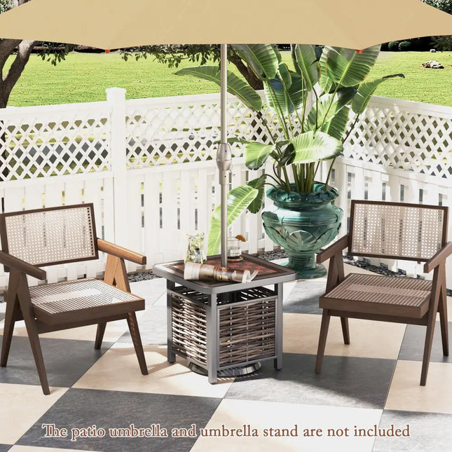 21.5 Inches Outdoor PE Rattan Side Table Square End Table with Umbrella Hole - Brown - Patio Coffee Tables