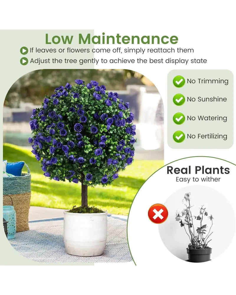 22 Inch Set of 2 Artificial Purple Rose Topiary Ball Trees with Cement-Filled Pot-Purple - Purple - Faux Plants