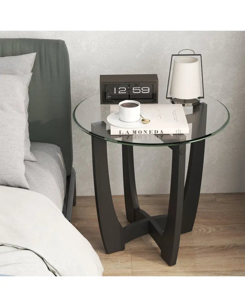 23.5 Inch Round End Side Table with Tempered Glass Tabletop-Black - Black - End & Side Tables
