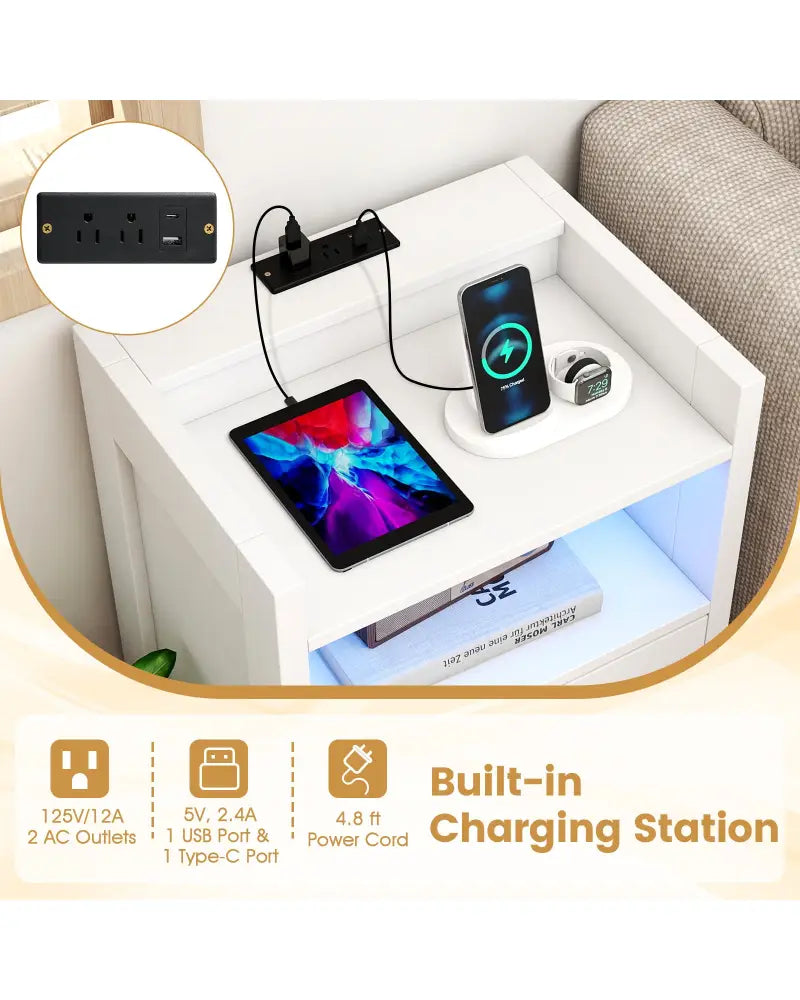 23.5 Inches Nightstand with Charging Station and Open Storage Shelf-White - White - End & Side Tables