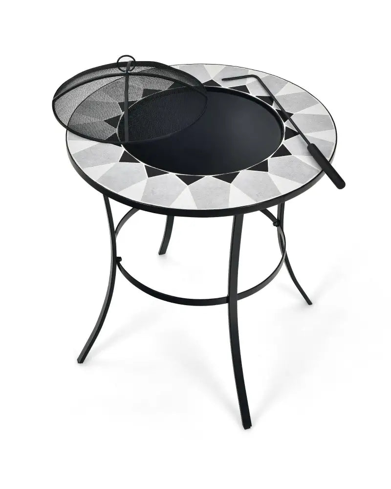 23.5 Inches Round Fire Pit Table with Mesh Cover and Fire Poker - Black - Fire Pit Tables