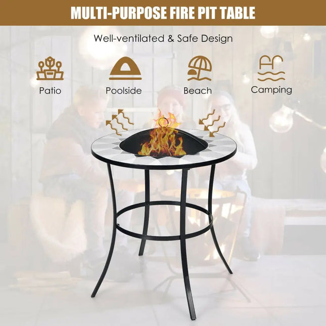23.5 Inches Round Fire Pit Table with Mesh Cover and Fire Poker - Black - Fire Pit Tables