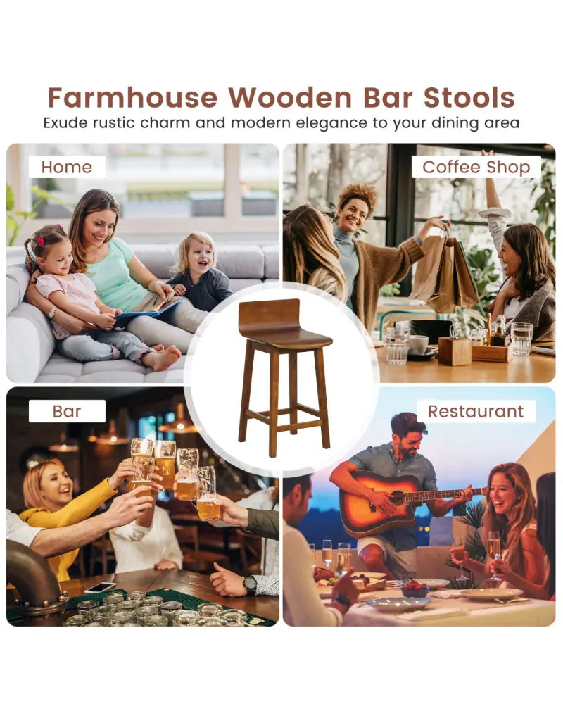 24.5 Inch Swivel Wooden Bar Stools Set of 2 with Rubber Wood Legs and Low Back-Walnut - Walnut - Bar Stools