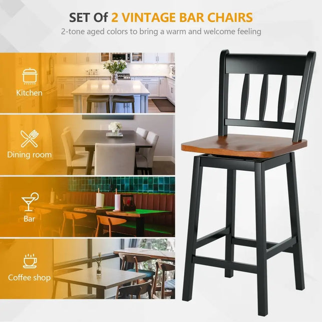 24.5 Inches Set of 2 Swivel Bar Stools with 360° Swiveling-Black Costway