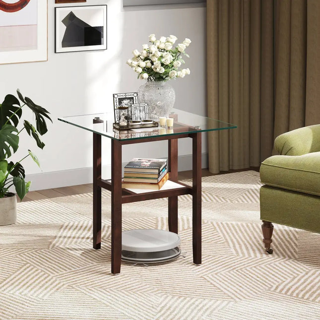 24 Inch 2-Tier Square Glass Coffee Table Center Table with Storage Shelf-Brown Costway