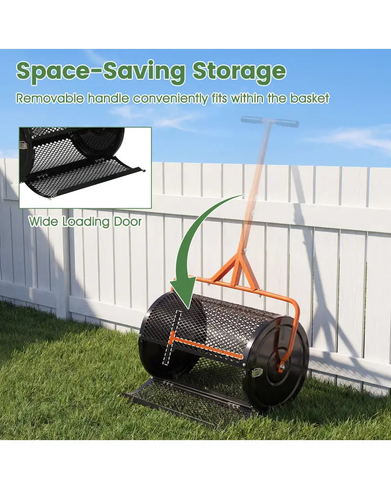 24 Inch Compost Spreader Peat Moss Spreader Roller with Height-Adjustable T-Shaped Handle-Orange - Orange - Lawn Care