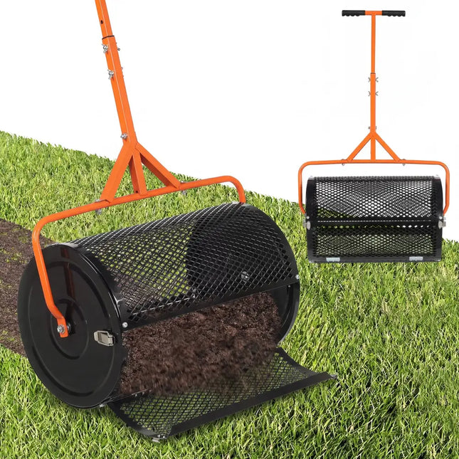 24 Inch Compost Spreader Peat Moss Spreader Roller with Height-Adjustable T-Shaped Handle-Orange - Orange - Lawn Care