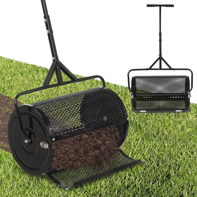 24 Inch Compost Spreader Peat Moss Spreader Roller with Height-Adjustable T-Shaped Handle-Black - Black - Lawn Care