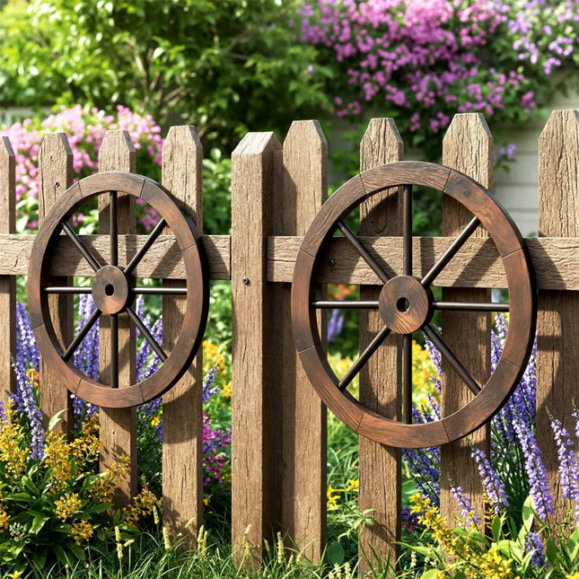 24 Inch Set of 2 Decorative Wooden Wagon Wheel Carbonized Solid Fir Wood - Rustic Brown - Outdoor Decor