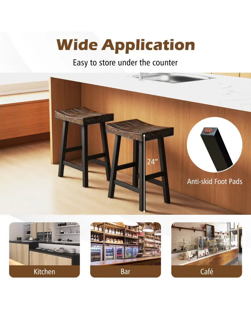 24 Inch Solid Wood Saddle-Seat with Curved Seat Surface and Comfortable Footrests-24 inches - Wood - Bar Stools